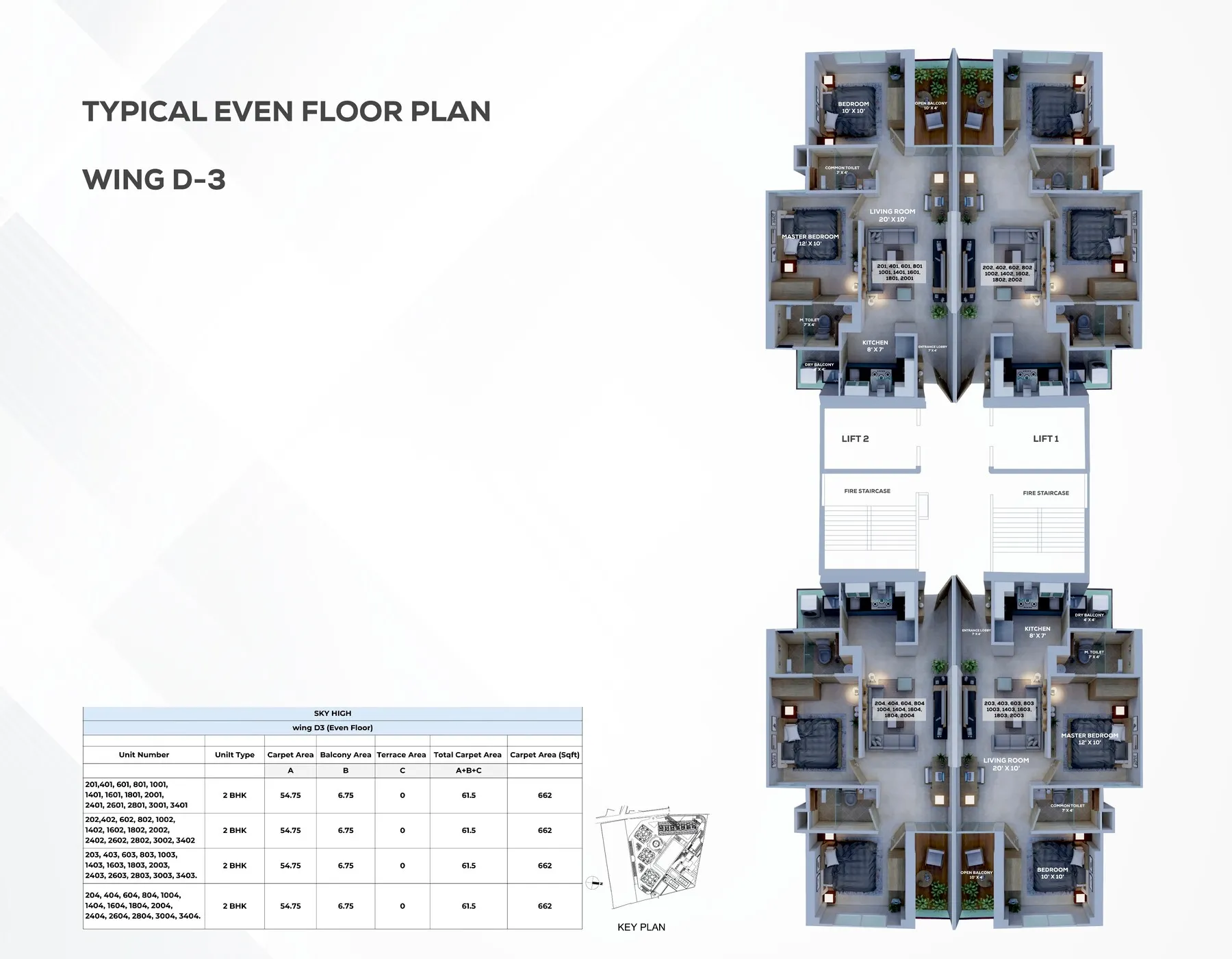 Wing D-3 - Typical Even Floor Plan